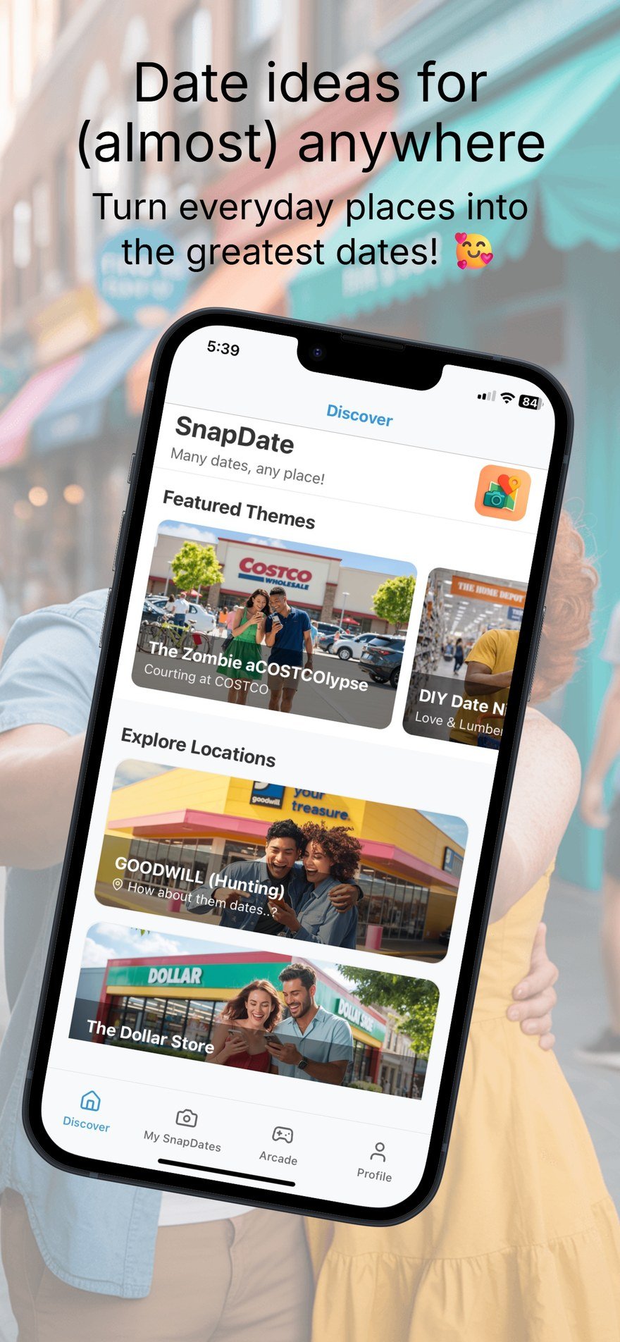SnapDate Discover screen showing featured date themes