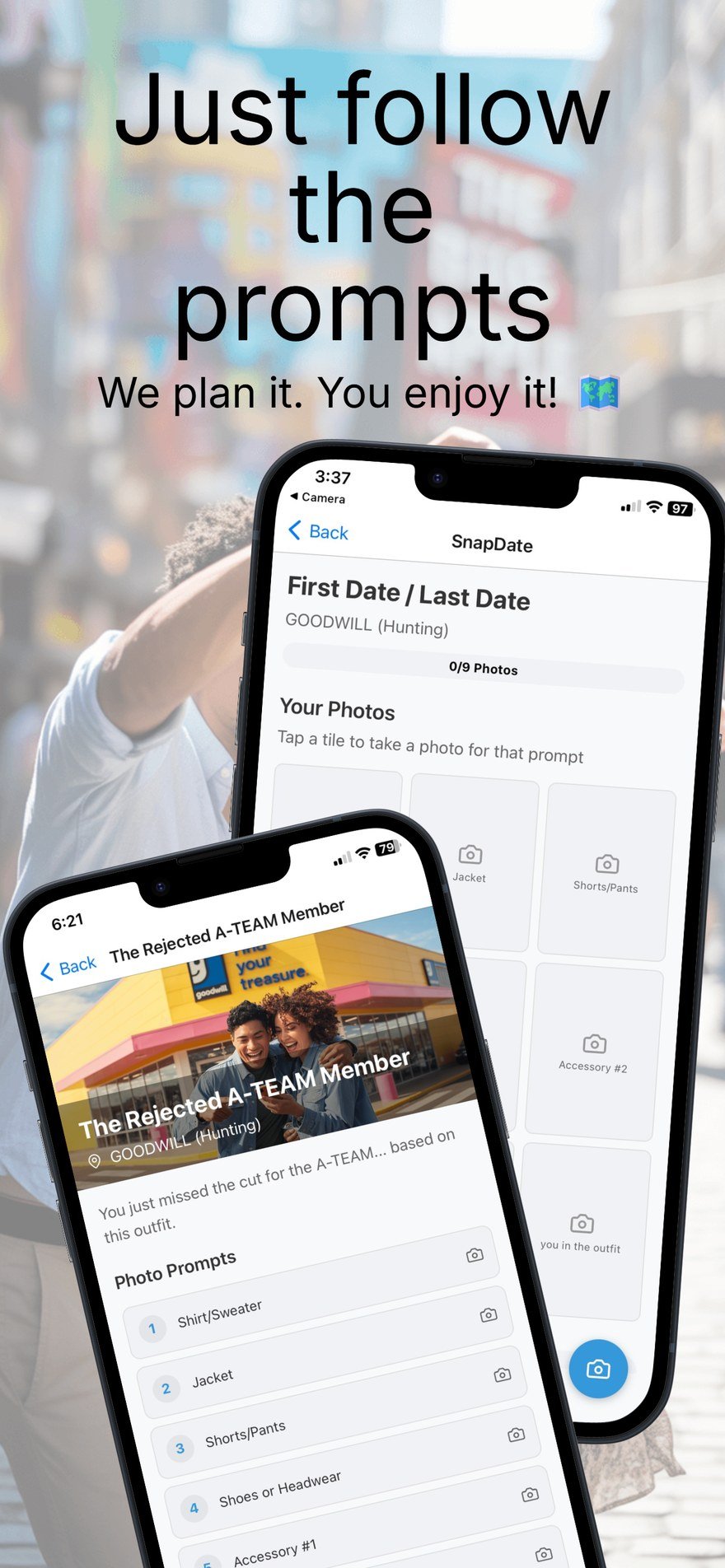 SnapDate photo prompt screens guiding the date